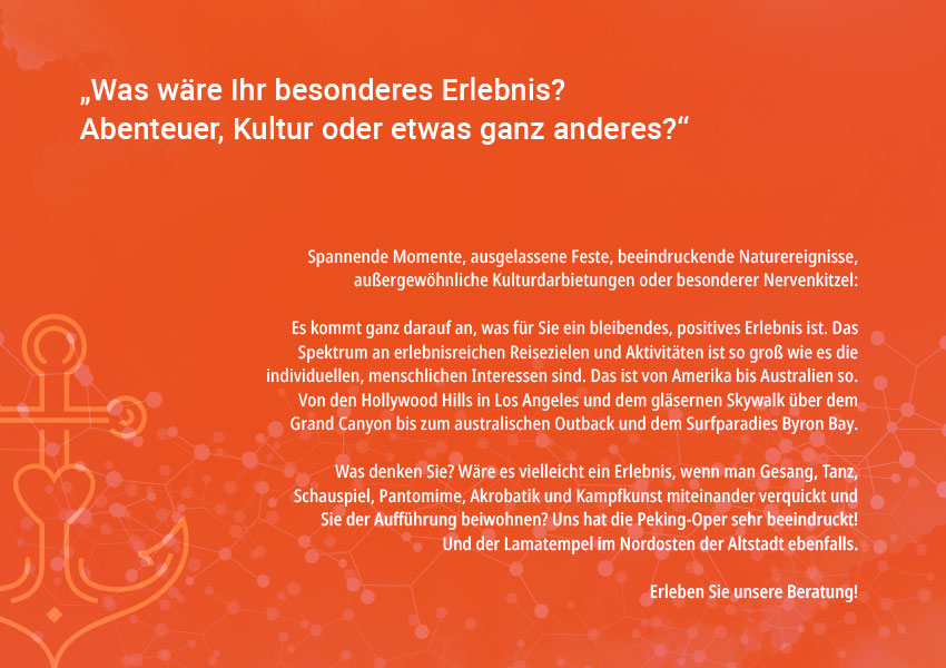 Beispiel für gutes Printdesign: Linke Seite (Text) einer Broschüre für ein Reisebüro.